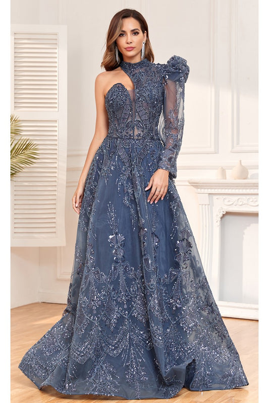 Formal Dresses Beaded Sequin Long Formal Evening A Line Dress Navy