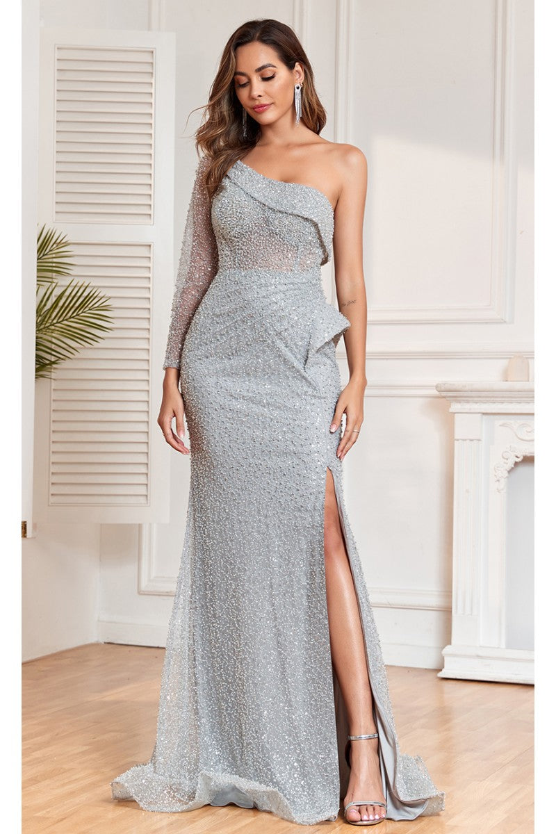 Formal Dresses Long Slit Formal Beaded Sequin Evening Dress Gray