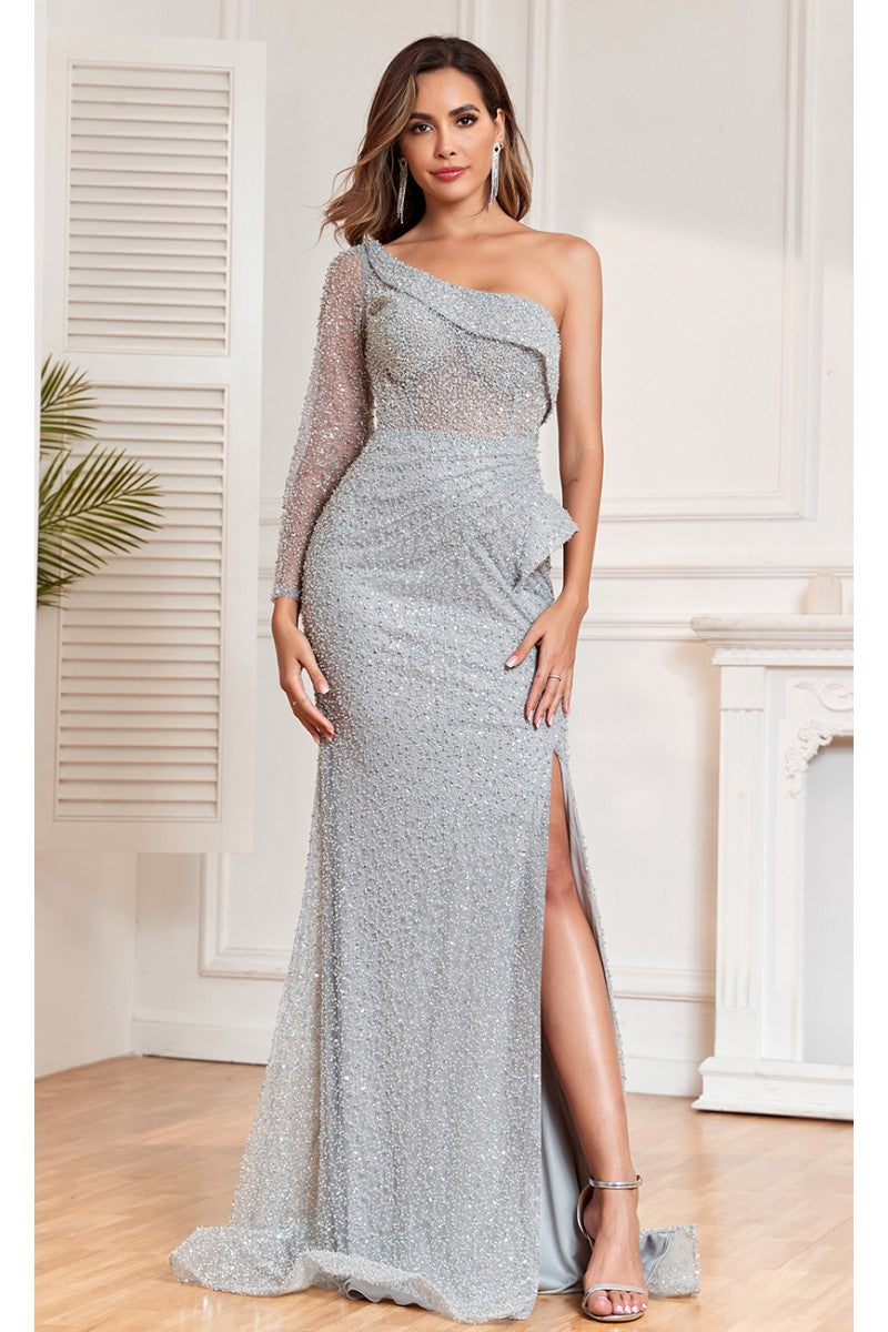 grey beaded prom dress Beaded Lace & Satin Cut-out Mermaid Grey Prom Gown