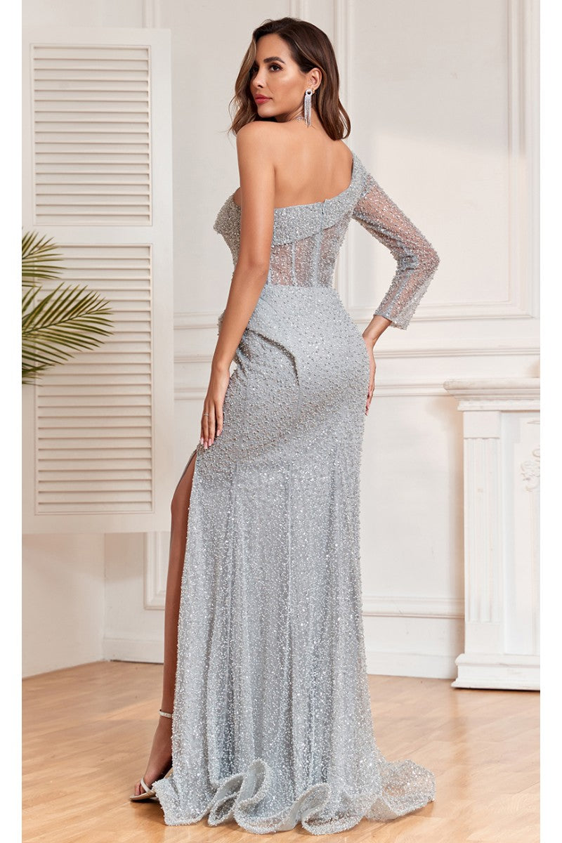 Formal Dresses Long Slit Formal Beaded Sequin Evening Dress Gray