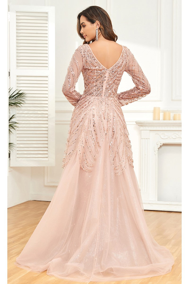 Formal Dresses Long Formal Slit Beaded Evening Overskirt Dress Pink