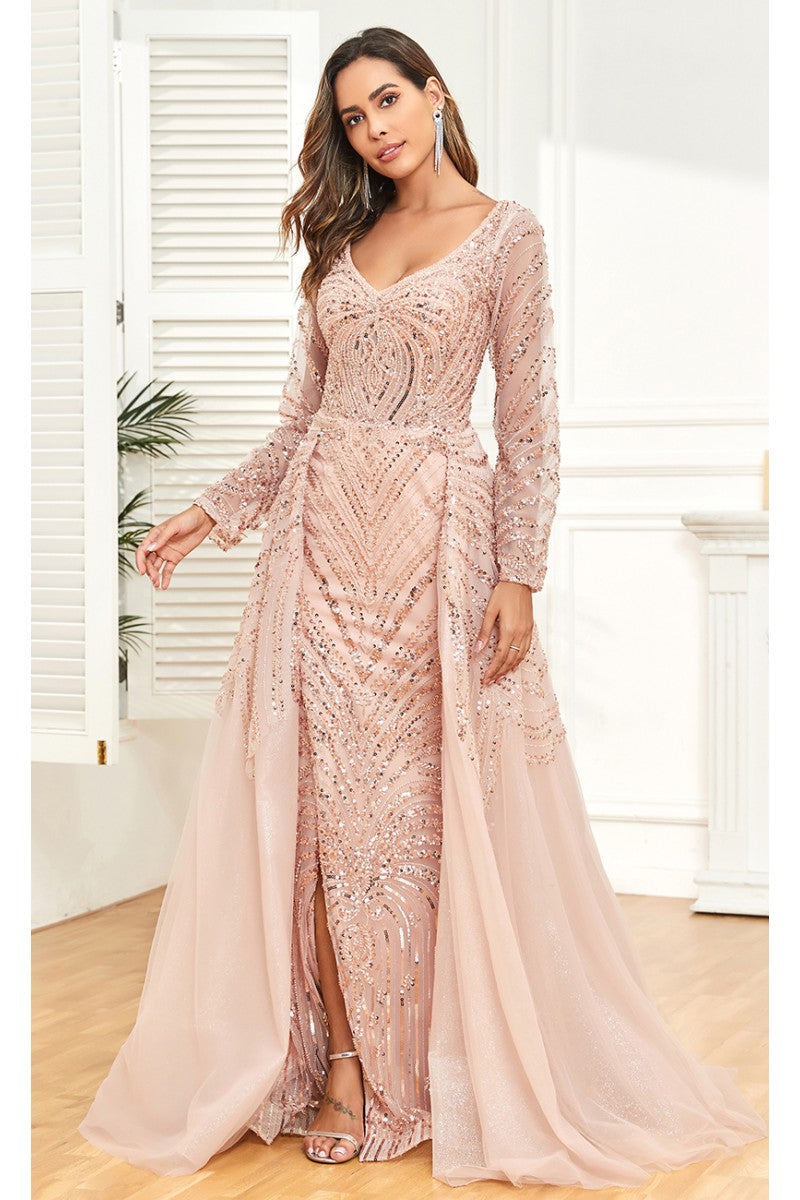 Formal Dresses Long Formal Slit Beaded Evening Overskirt Dress Pink