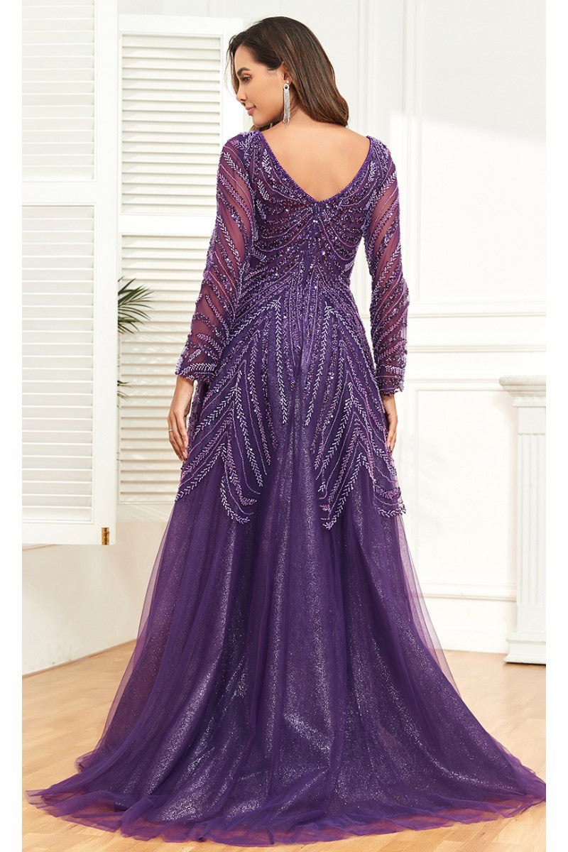 Formal Dresses Long Formal Slit Beaded Evening Overskirt Dress Purple
