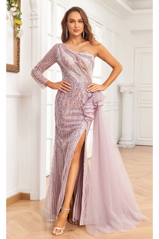 Prom Dresses Beaded Long Slit Formal Evening Dress Rose