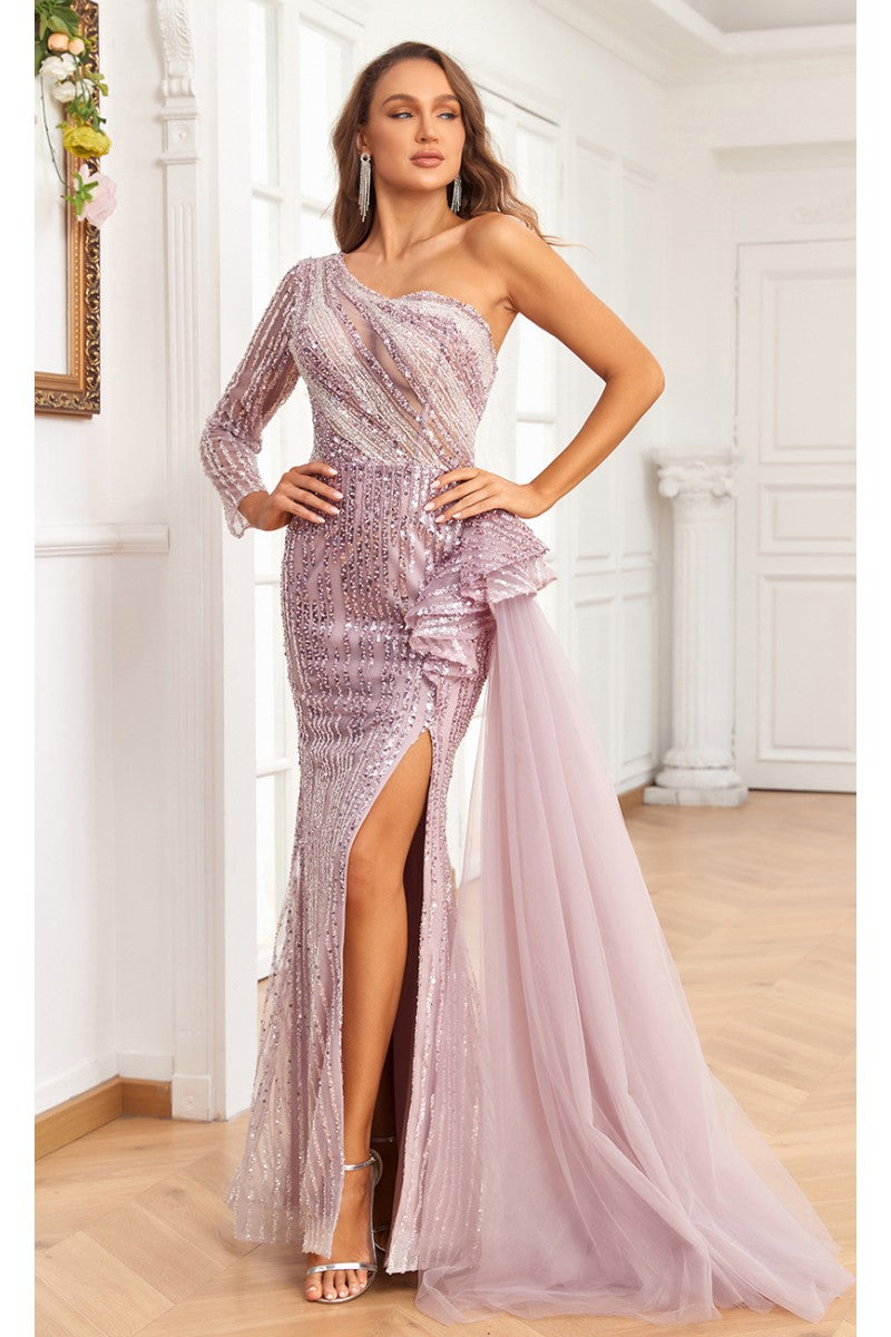 Prom Dresses Beaded Long Slit Formal Evening Dress Rose