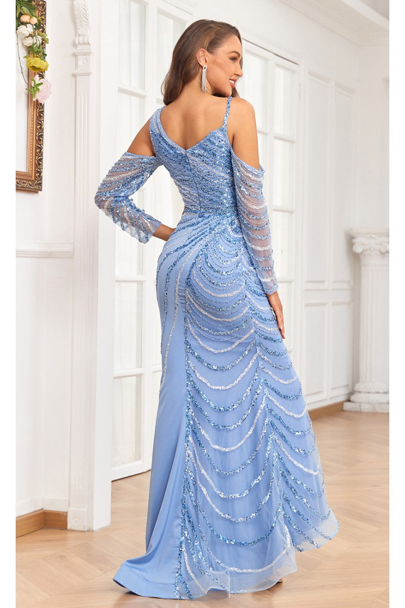 Formal Dresses Beaded Slit Formal Long Evening Mermaid Dress Light Blue