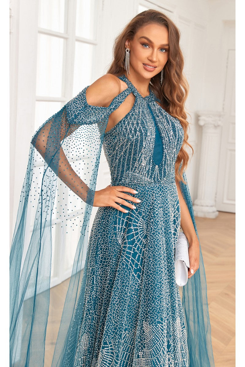 Prom Dresses A Line Ball Gown Long Formal Beaded Prom Dress Turquoise