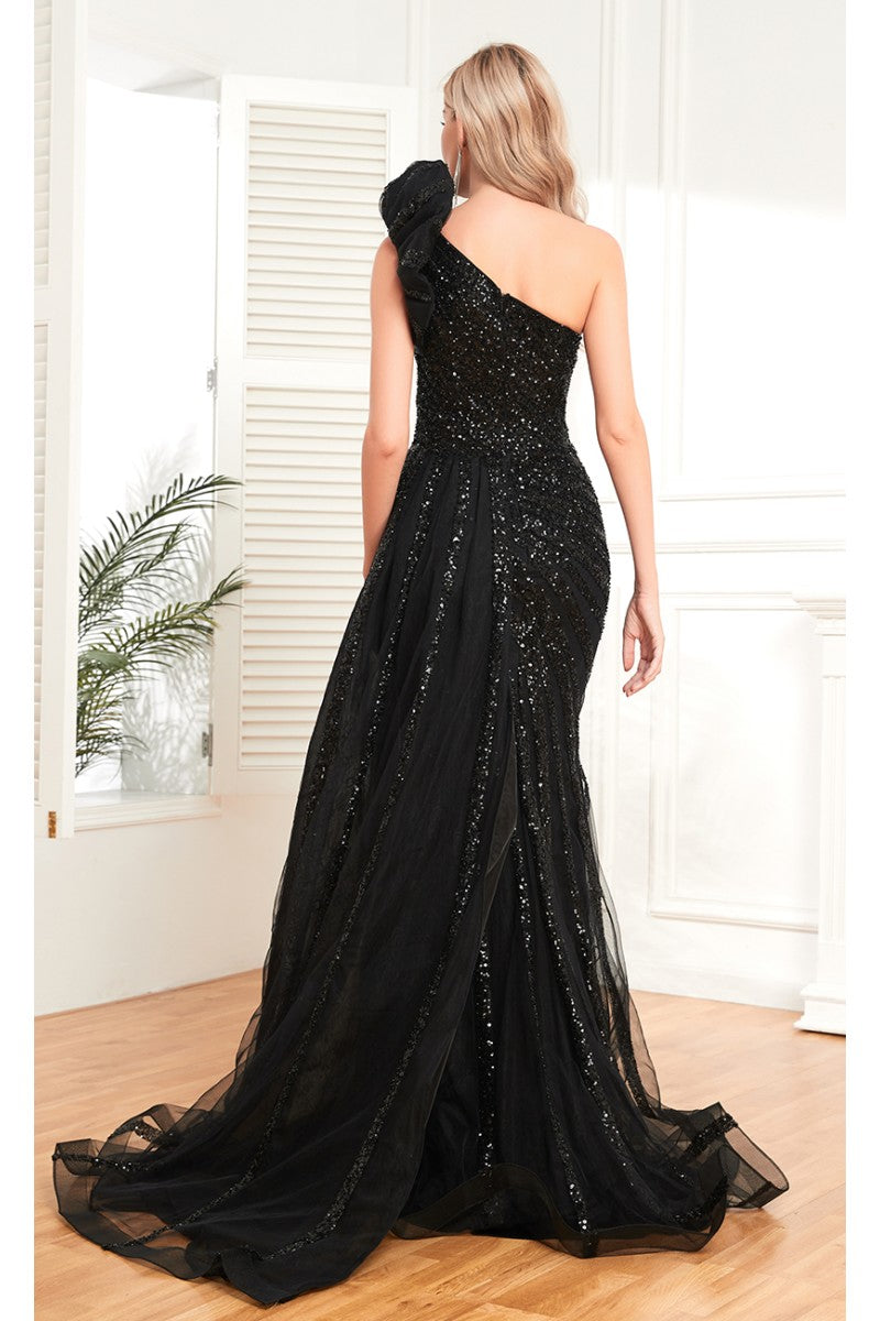 Formal Dresses Beaded Sequin Long Formal Evening Slit Dress Black