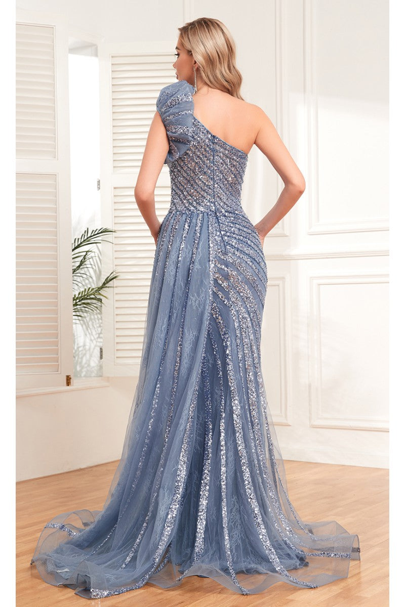 Formal Dresses Beaded Sequin Long Formal Evening Slit Dress Smoky Blue