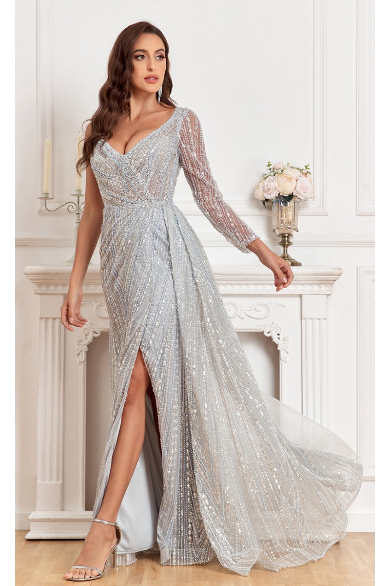 Formal Dresses Long Slit Formal Fitted Evening Bedaded Dress Blue