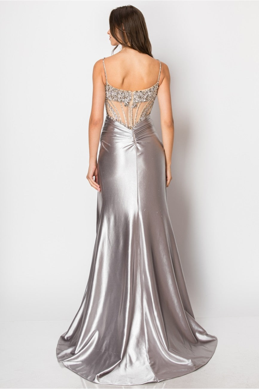 Prom Dresses Fitted Long Formal Slit Evening Dress Silver