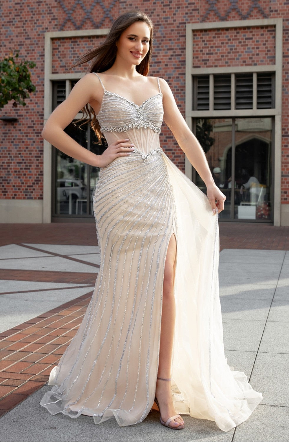 Prom Dresses Beaded Long Formal Slit Prom Dress Nude