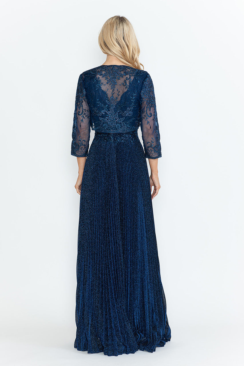 Mother of the Bride Dresses Pleated Long Formal Mother of the Bride Dress Lenovia 8341 Navy Blue-Mesh-8341-Pleated