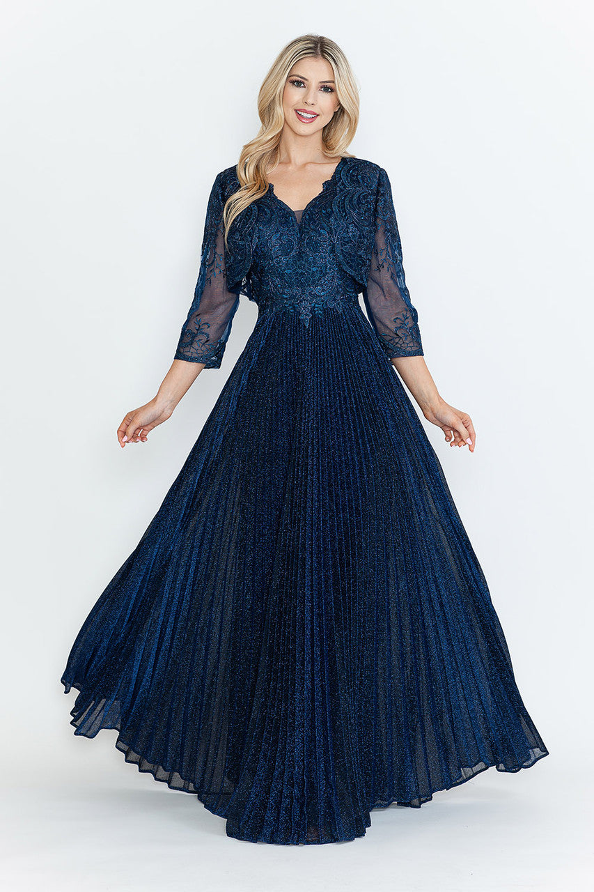 Mother of the Bride Dresses Pleated Long Formal Mother of the Bride Dress Lenovia 8341 Navy Blue-Mesh-8341-Pleated