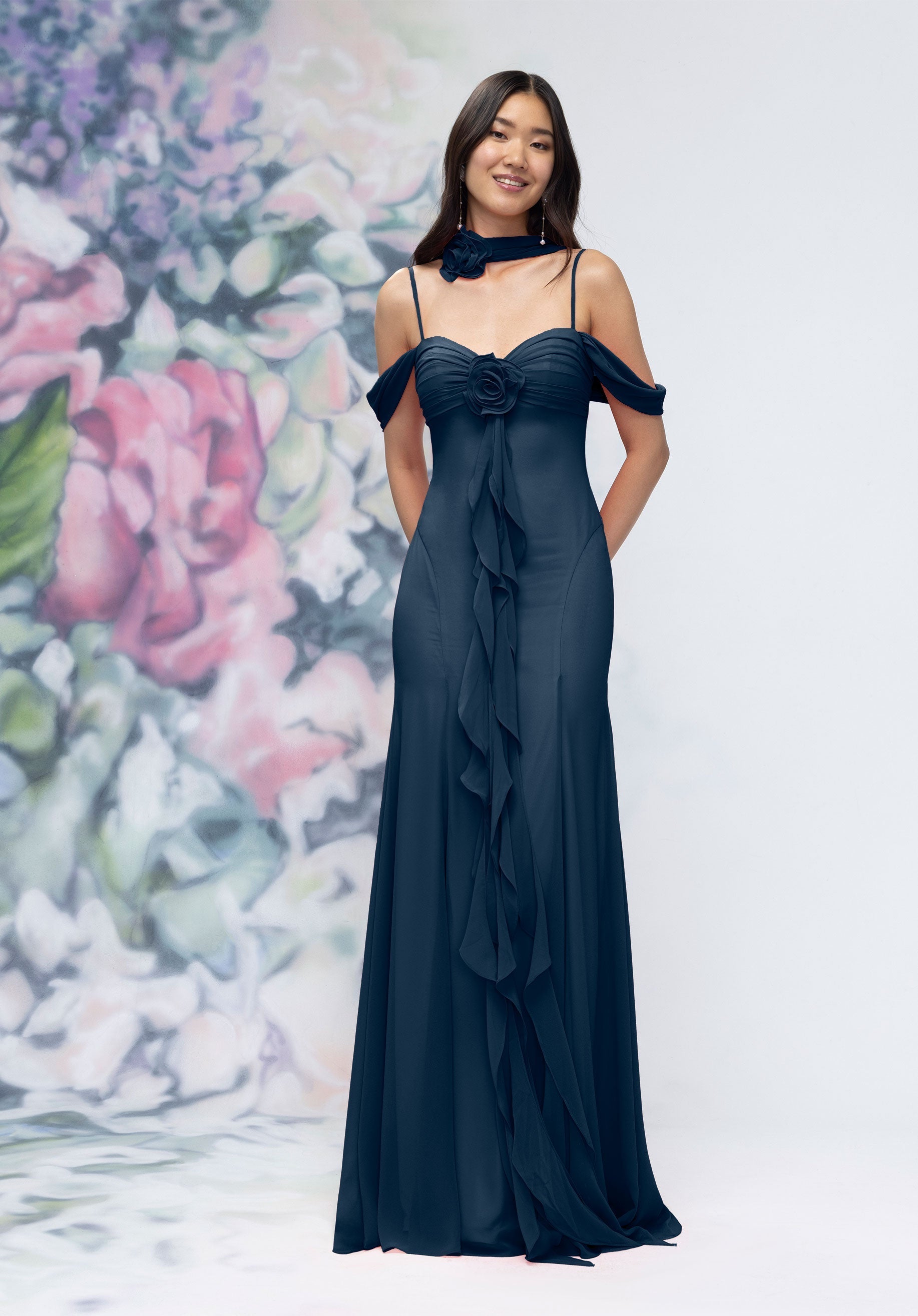 MGNY Madeline Gardner New York 3030000 Ruffle Floral Formal Long Dress