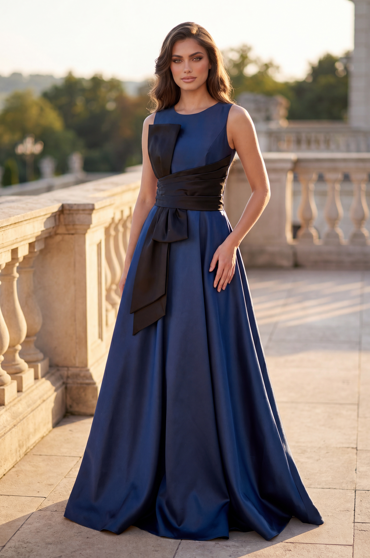 Sleeveless Navy Formal Ball Gown with Statement Bow