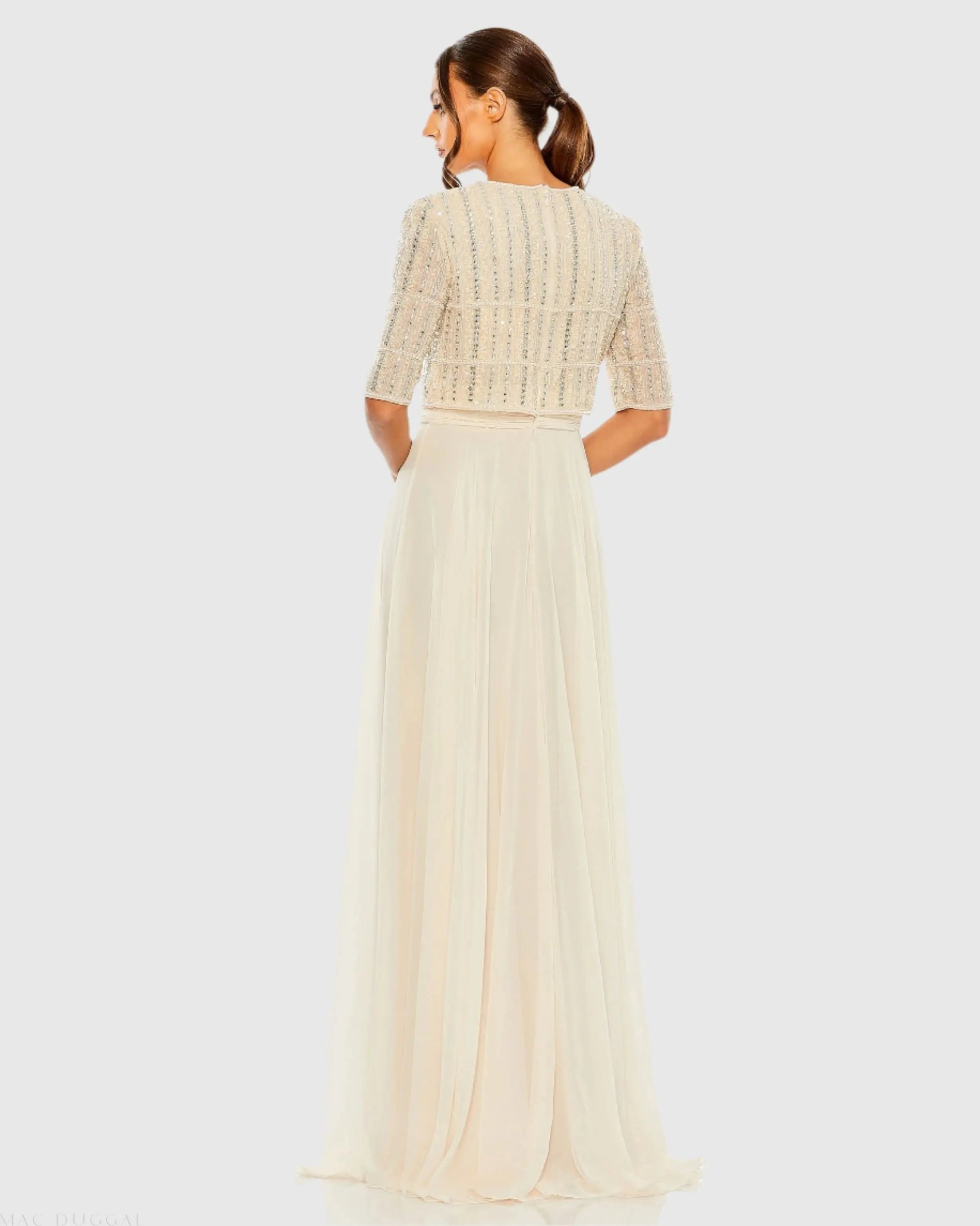 Wedding Dresses Long Beaded Wedding Dress - A Line - Mac Duggal 9180 Nude-Chiffon-9180-Beaded