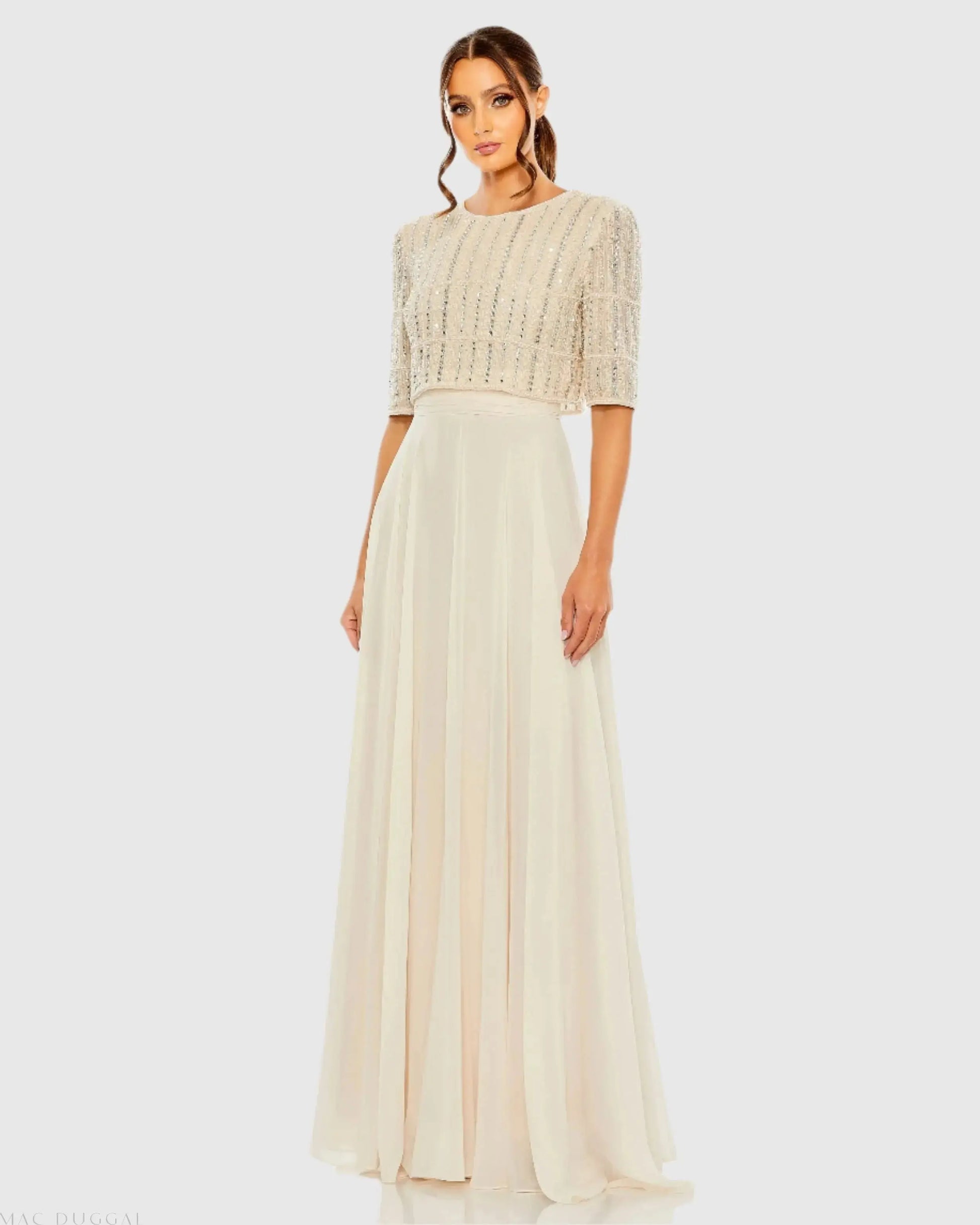 Wedding Dresses Long Beaded Wedding Dress - A Line - Mac Duggal 9180 Nude-Chiffon-9180-Beaded