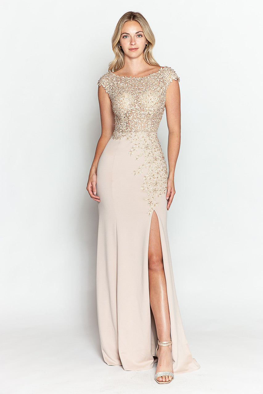 Formal Dresses Beaded Formal Long Floral Dress Lenovia 8343 Nude-Crepe-8343-Beaded