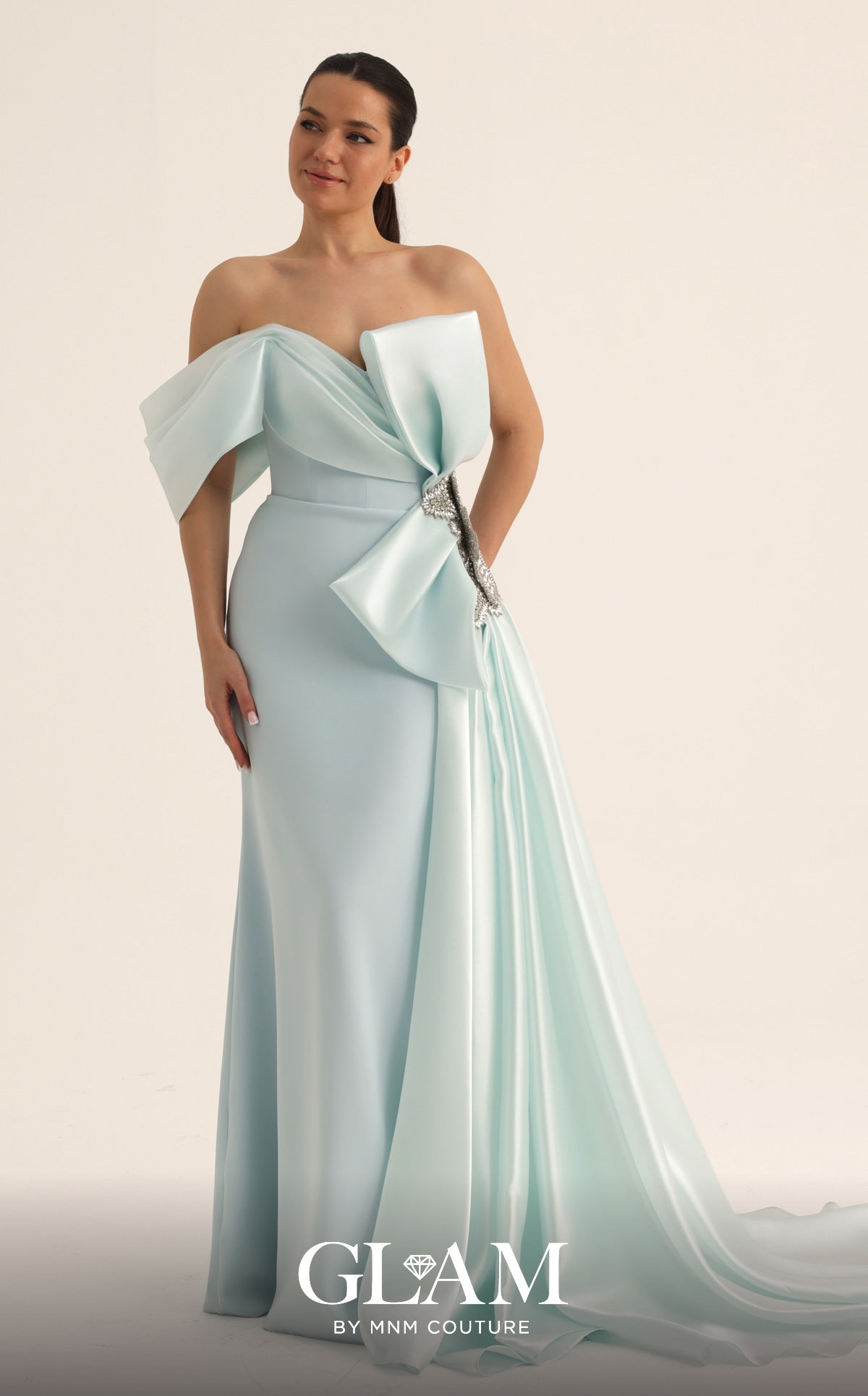 Off-the-Shoulder Floor-Length Satin Formal Sheath MNM Couture O07802
