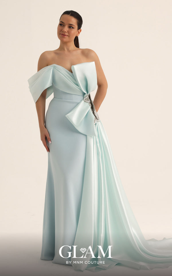 Off-the-Shoulder Floor-Length Satin Formal Sheath MNM Couture O07802