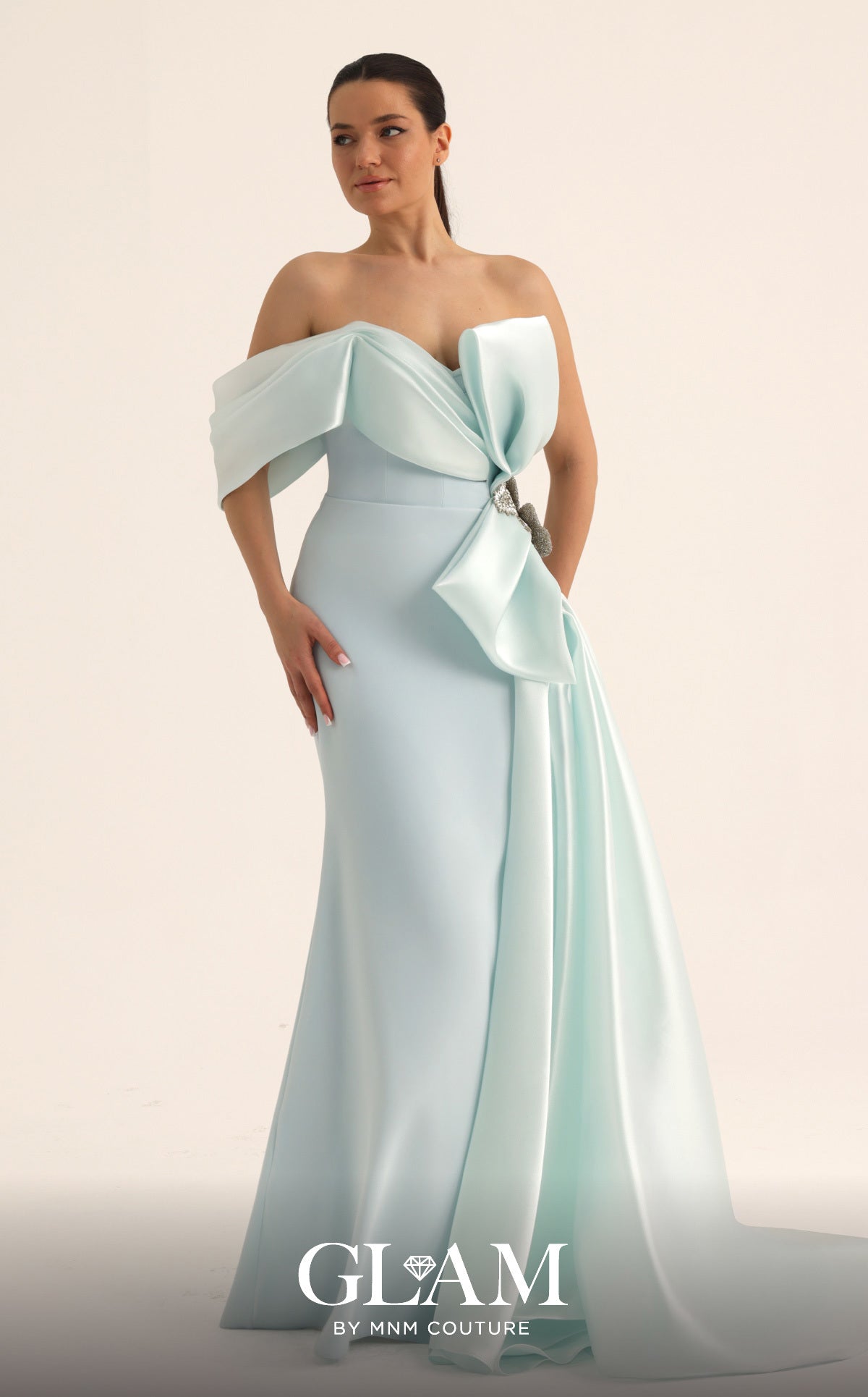 Off-the-Shoulder Floor-Length Satin Formal Sheath MNM Couture O07802