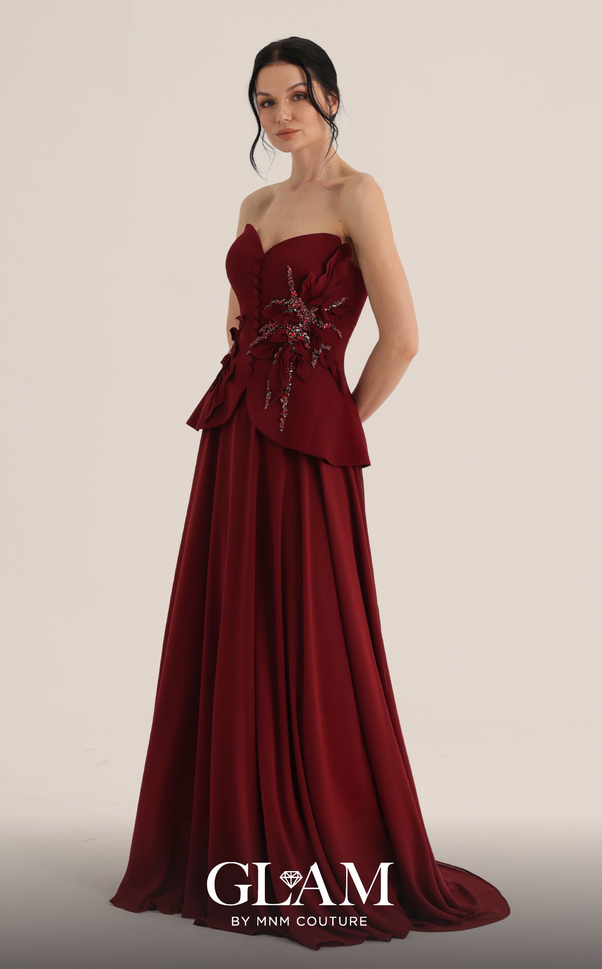 Strapless Curved Neck Floor-Length Satin Evening A-Line MNM Couture O07815
