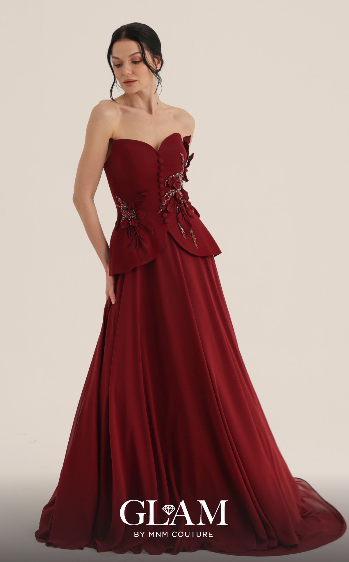Strapless Curved Neck Floor-Length Satin Evening A-Line MNM Couture O07815