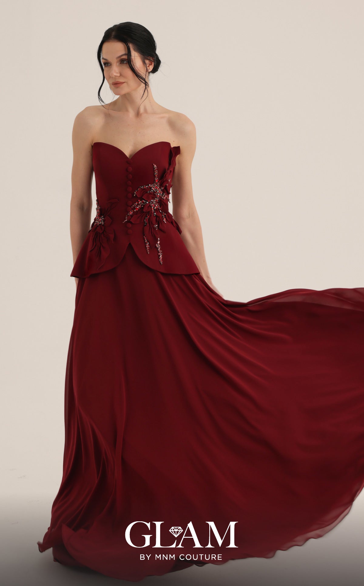 Strapless Curved Neck Floor-Length Satin Evening A-Line MNM Couture O07815