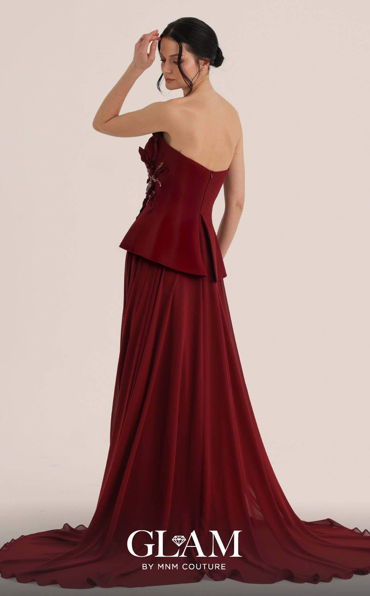 Strapless Curved Neck Floor-Length Satin Evening A-Line MNM Couture O07815