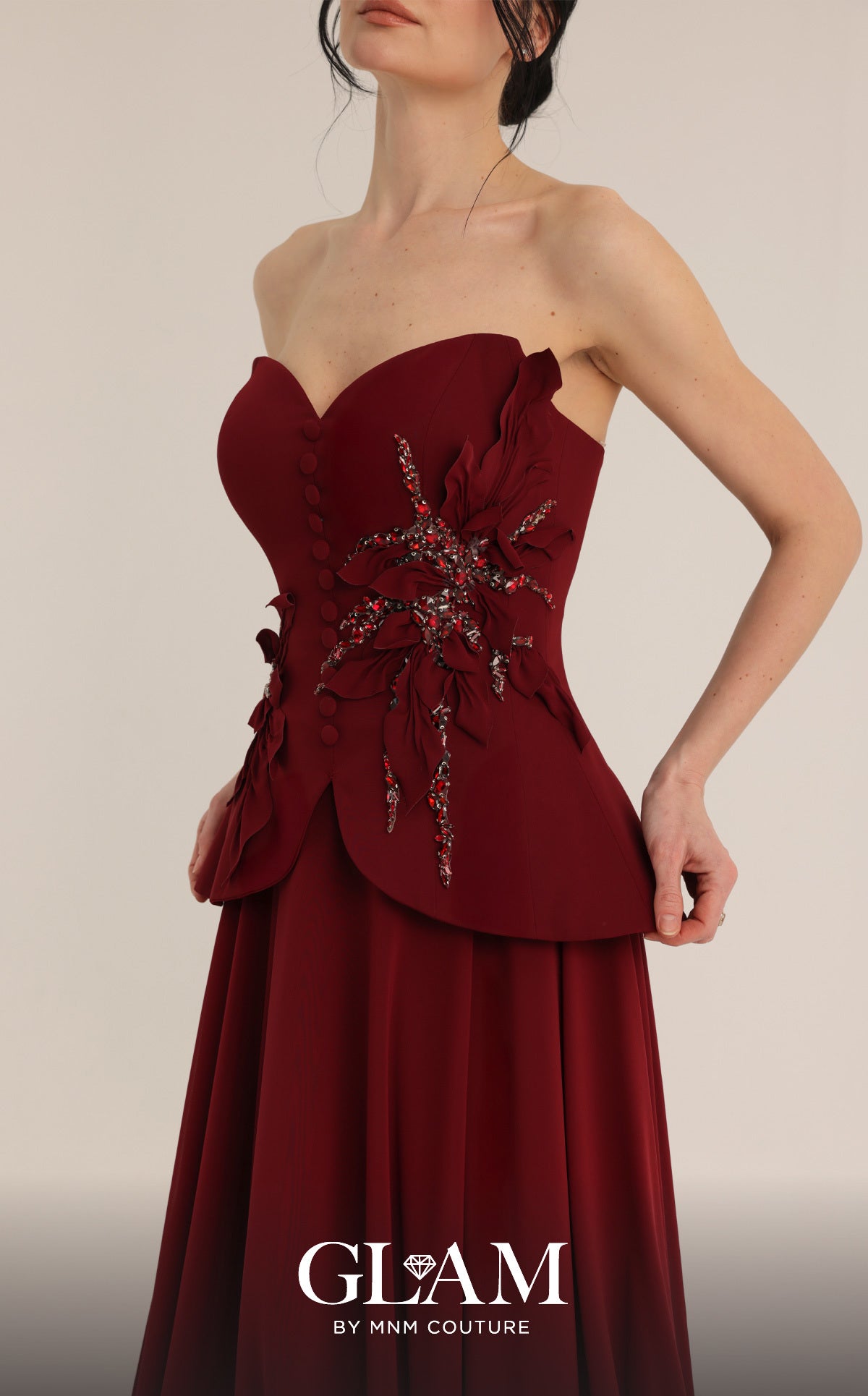 Strapless Curved Neck Floor-Length Satin Evening A-Line MNM Couture O07815