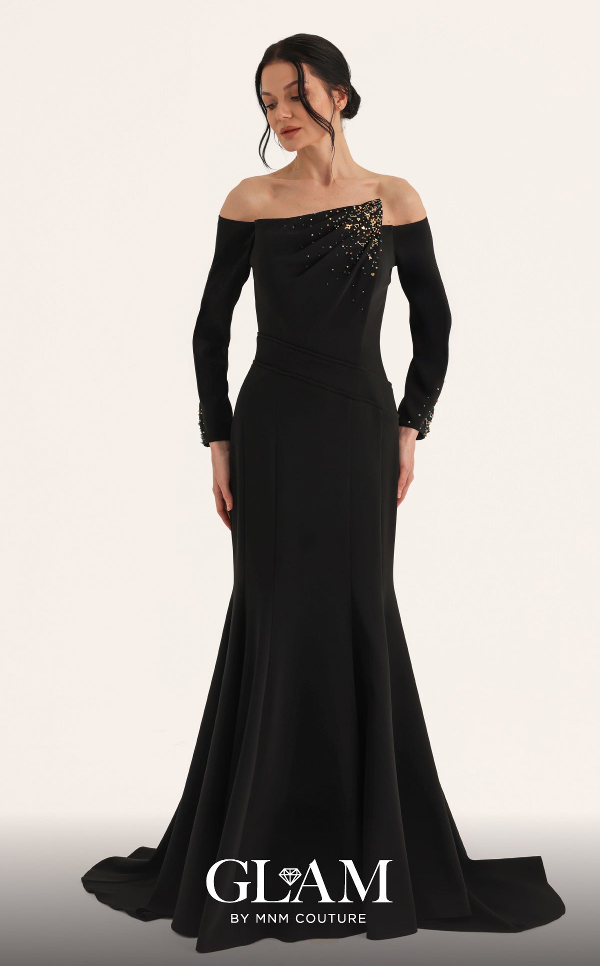 Off-the-Shoulder Floor-Length Crepe Formal Sheath MNM Couture O07822