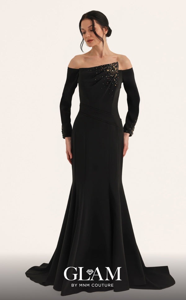 Off-the-Shoulder Floor-Length Crepe Formal Sheath MNM Couture O07822