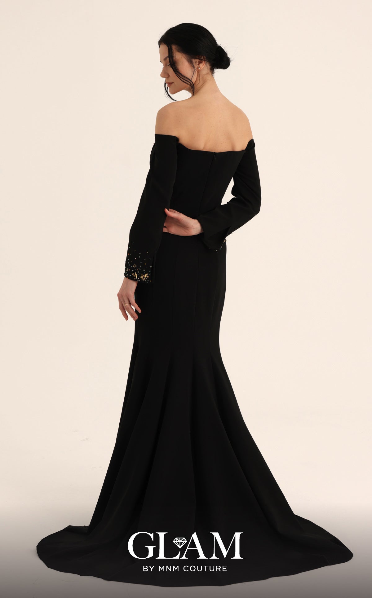 Off-the-Shoulder Floor-Length Crepe Formal Sheath MNM Couture O07822