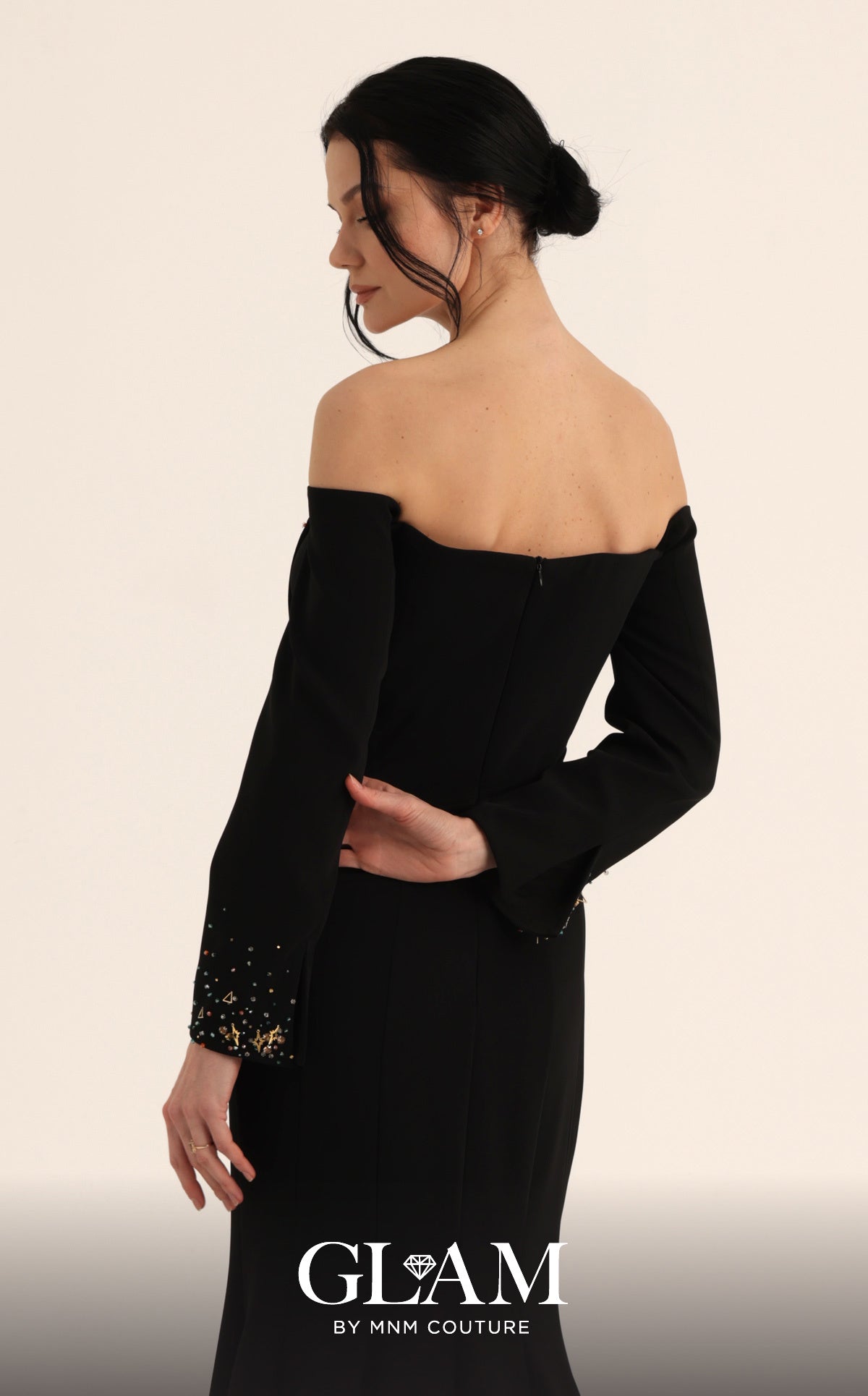 Off-the-Shoulder Floor-Length Crepe Formal Sheath MNM Couture O07822