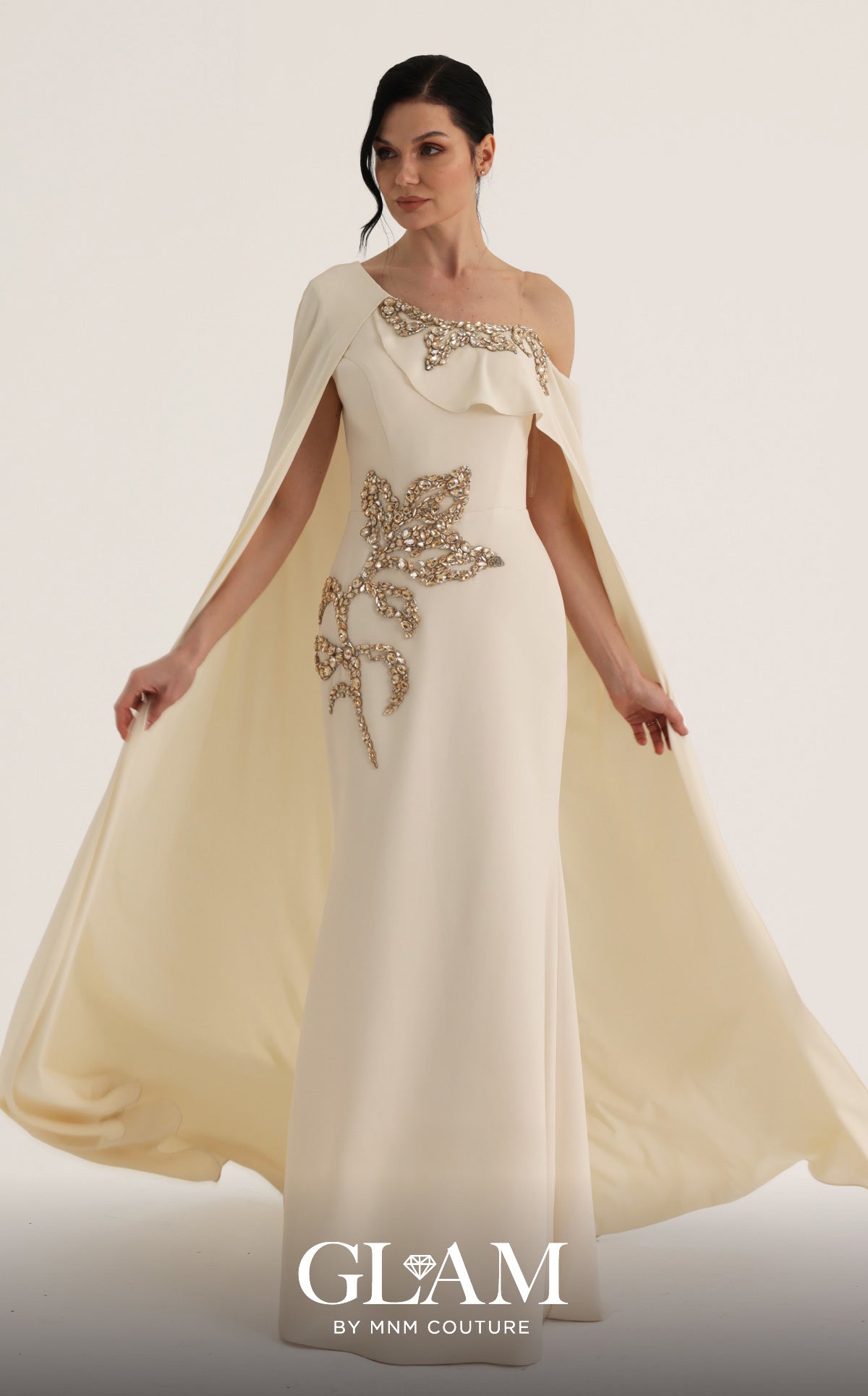 One-Shoulder Floor-Length Crepe Formal Sheath MNM Couture O07824