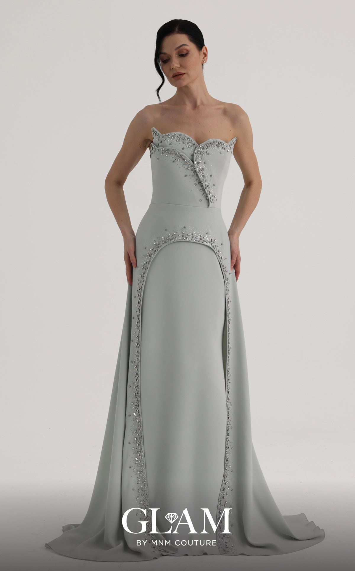 Strapless Curved Neck Floor-Length Crepe Formal Sheath MNM Couture O07828