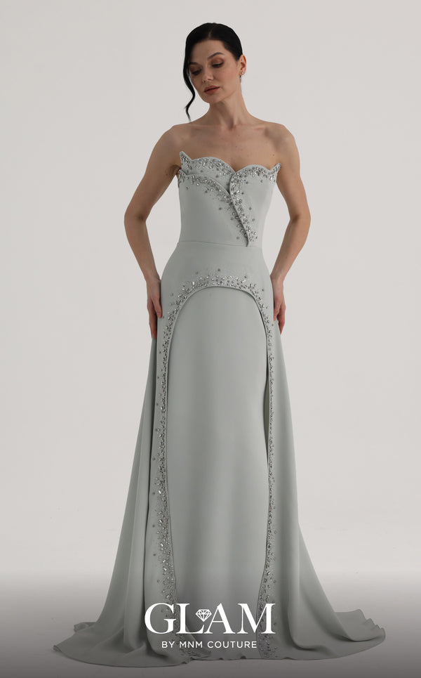Strapless Curved Neck Floor-Length Crepe Formal Sheath MNM Couture O07828