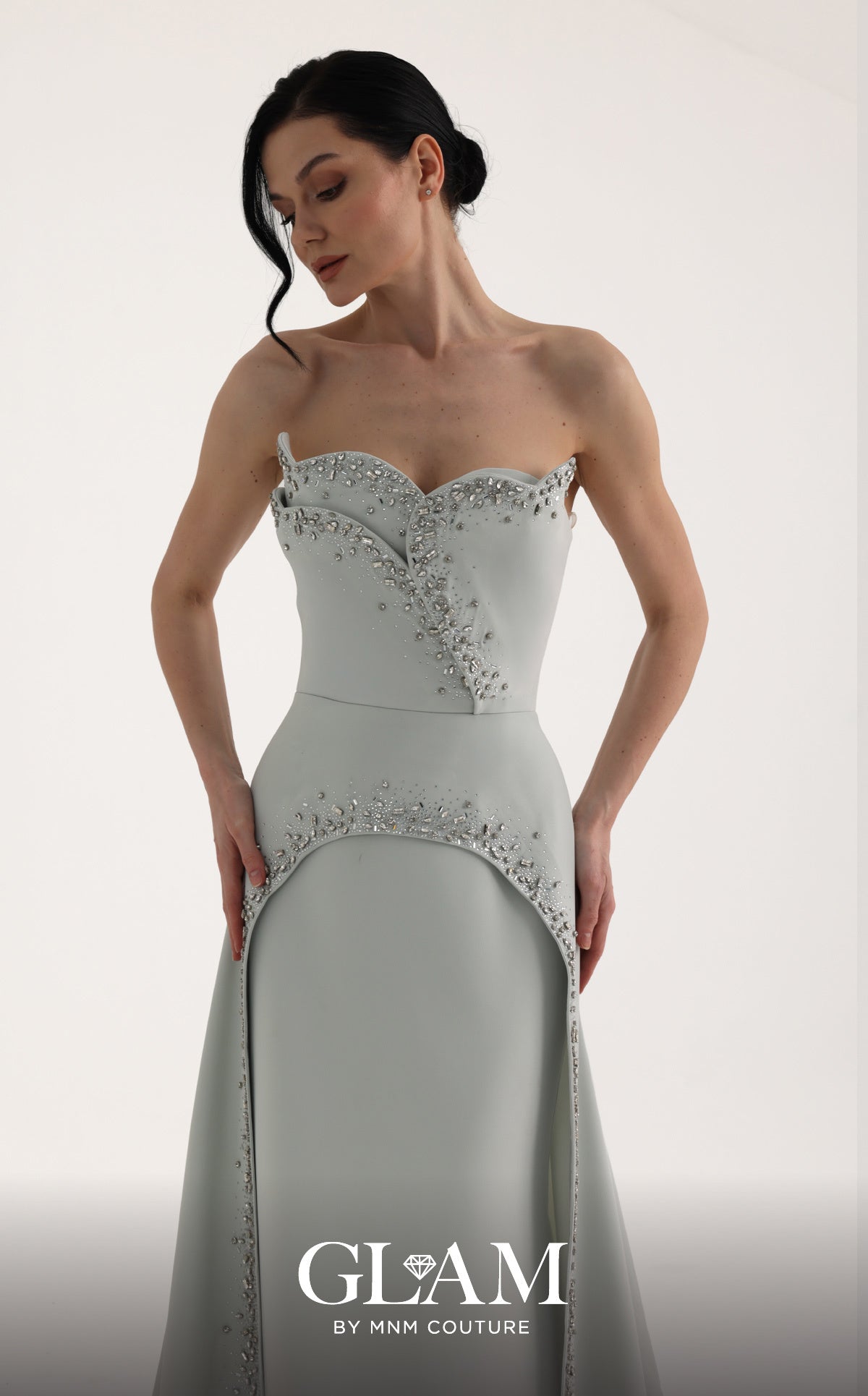 Strapless Curved Neck Floor-Length Crepe Formal Sheath MNM Couture O07828