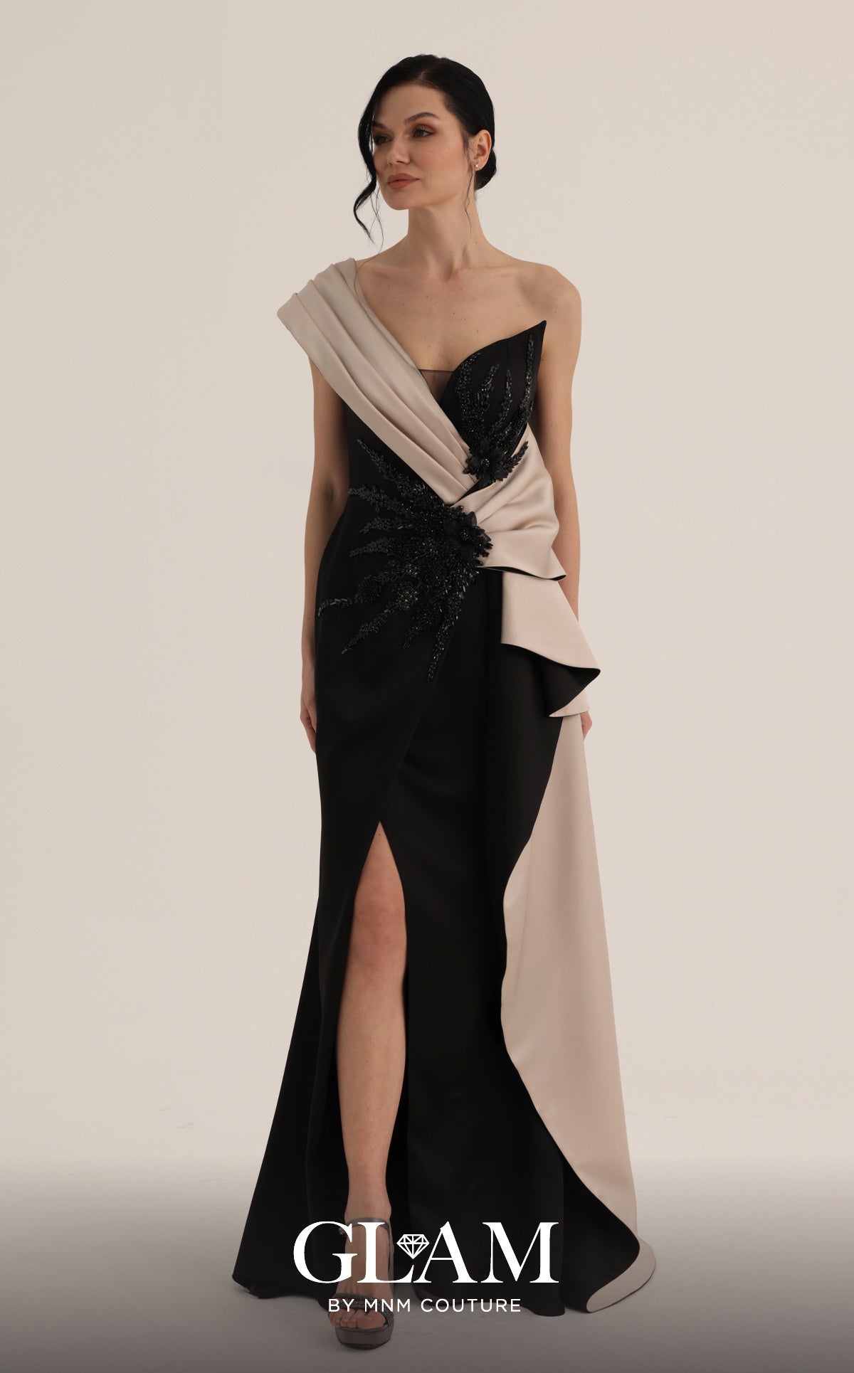 One-Shoulder Floor-Length Satin Formal Sheath MNM Couture O07853