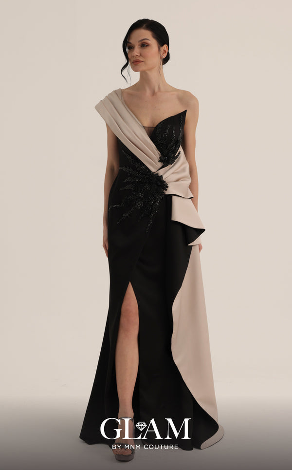 One-Shoulder Floor-Length Satin Formal Sheath MNM Couture O07853