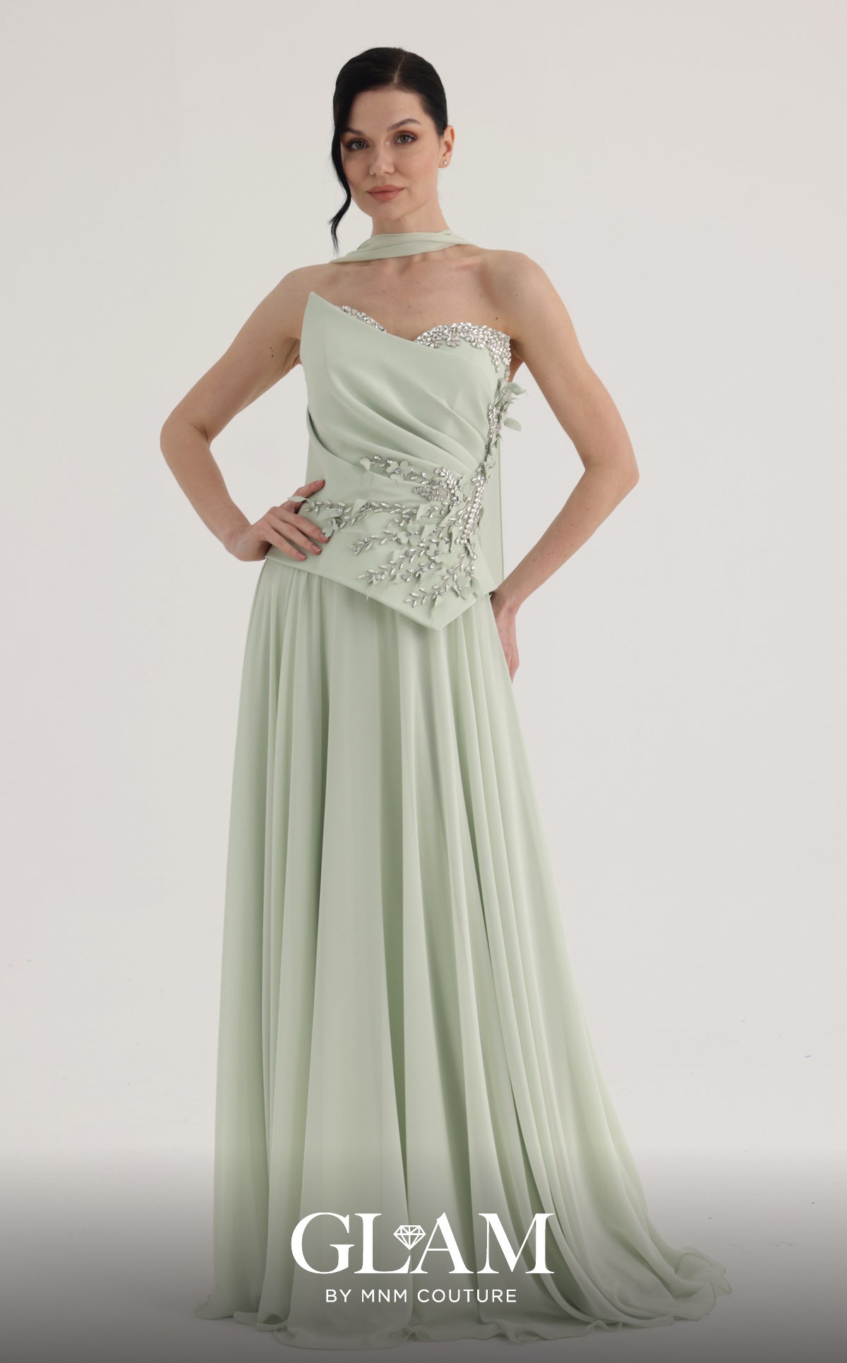 Strapless Curved Neck Floor-Length Chiffon Formal A-Line MNM Couture O07856