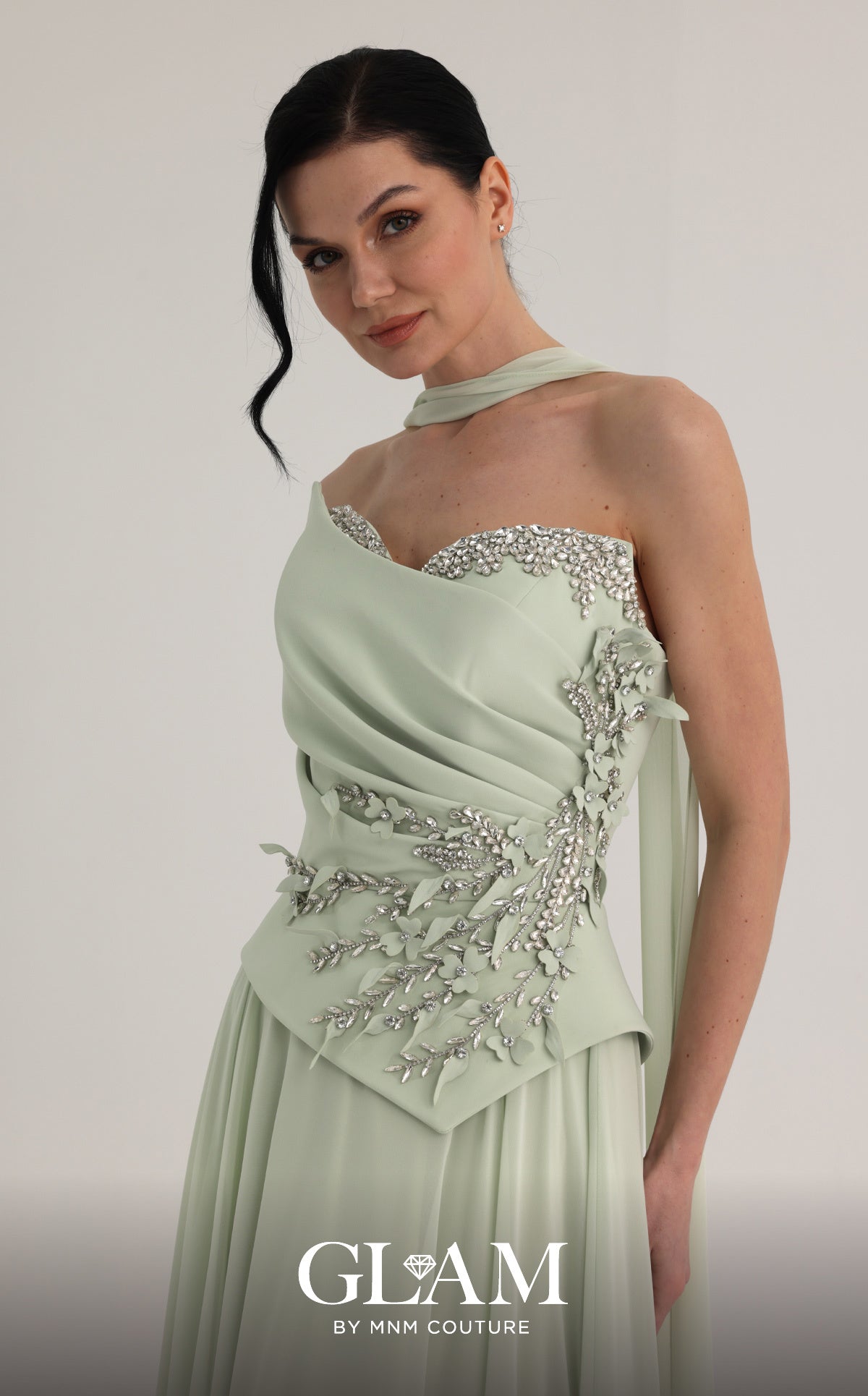 Strapless Curved Neck Floor-Length Chiffon Formal A-Line MNM Couture O07856