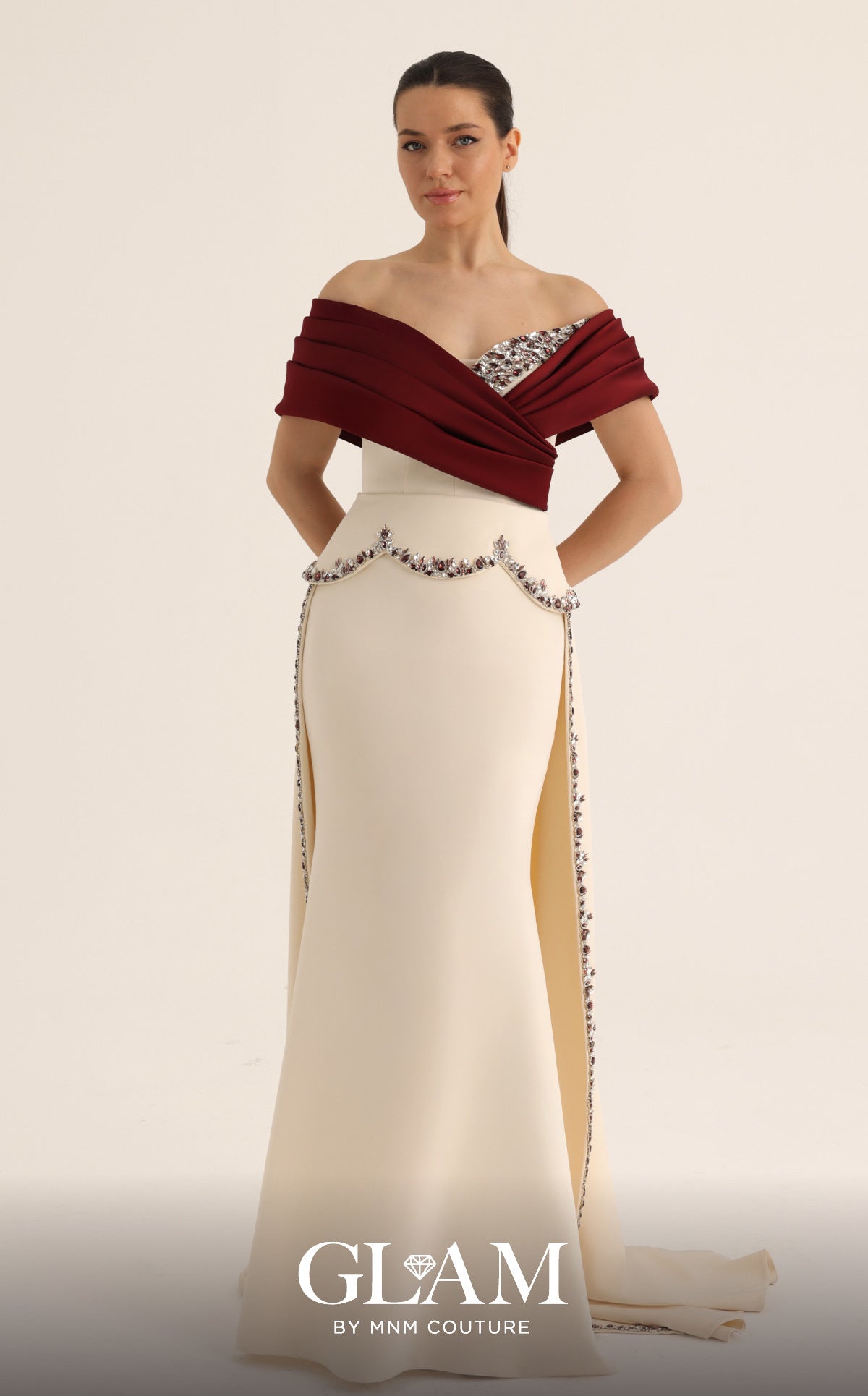 Off-the-Shoulder Floor-Length Satin Formal Sheath MNM Couture O07865