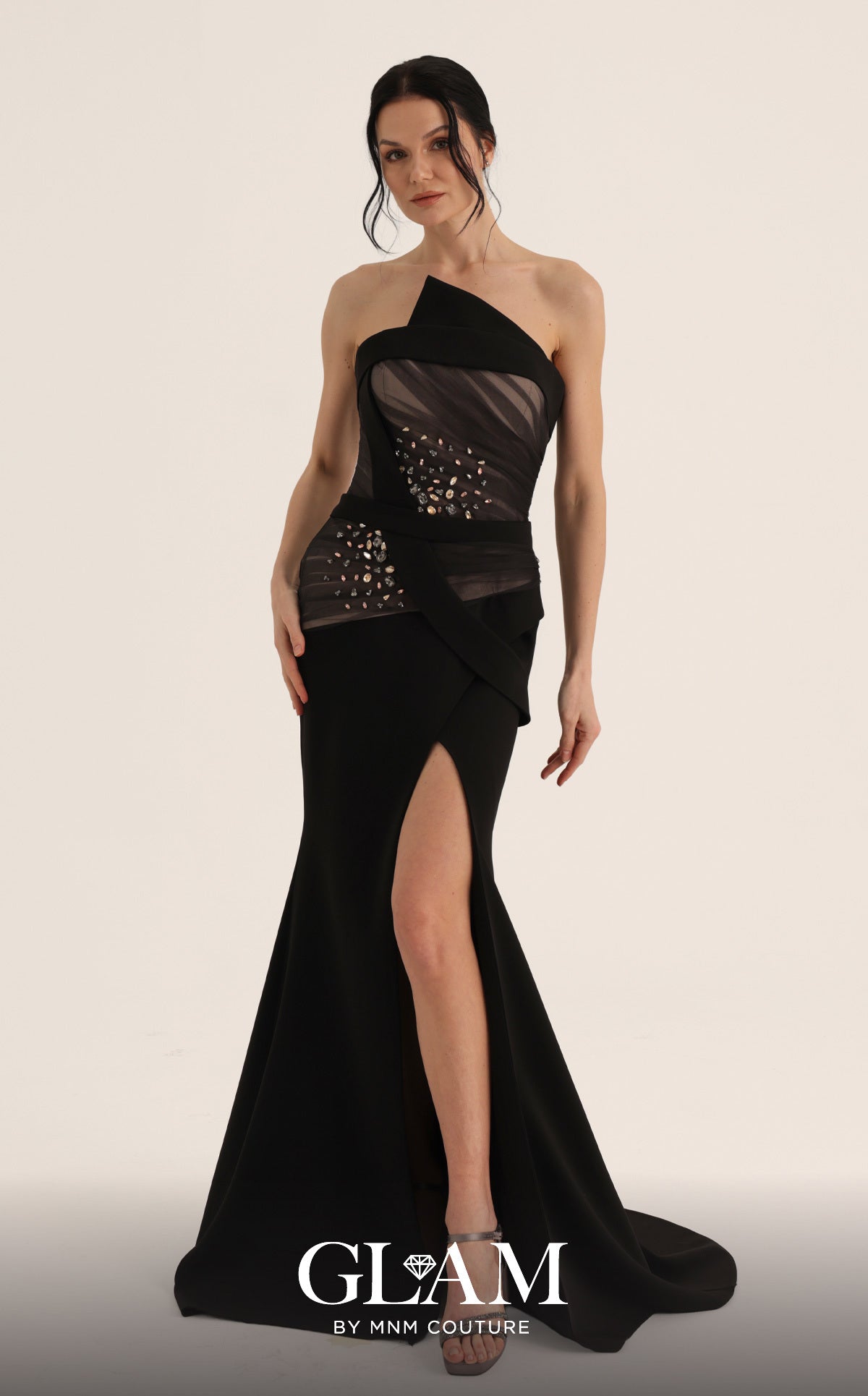 One-Shoulder Floor-Length Mesh Evening Sheath/Colu MNM Couture O07868