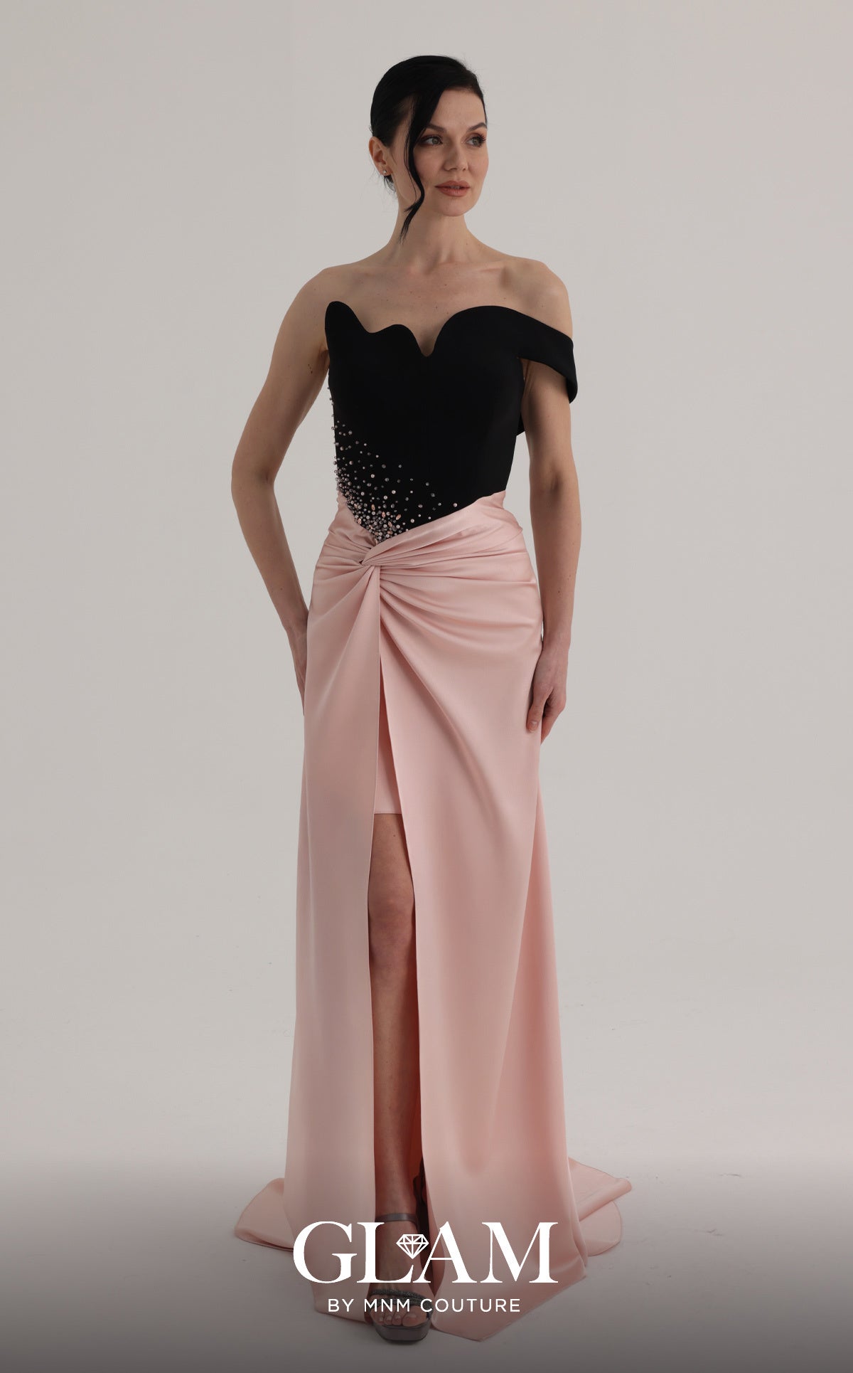 Off-the-Shoulder Floor-Length Satin Formal Sheath MNM Couture O07870