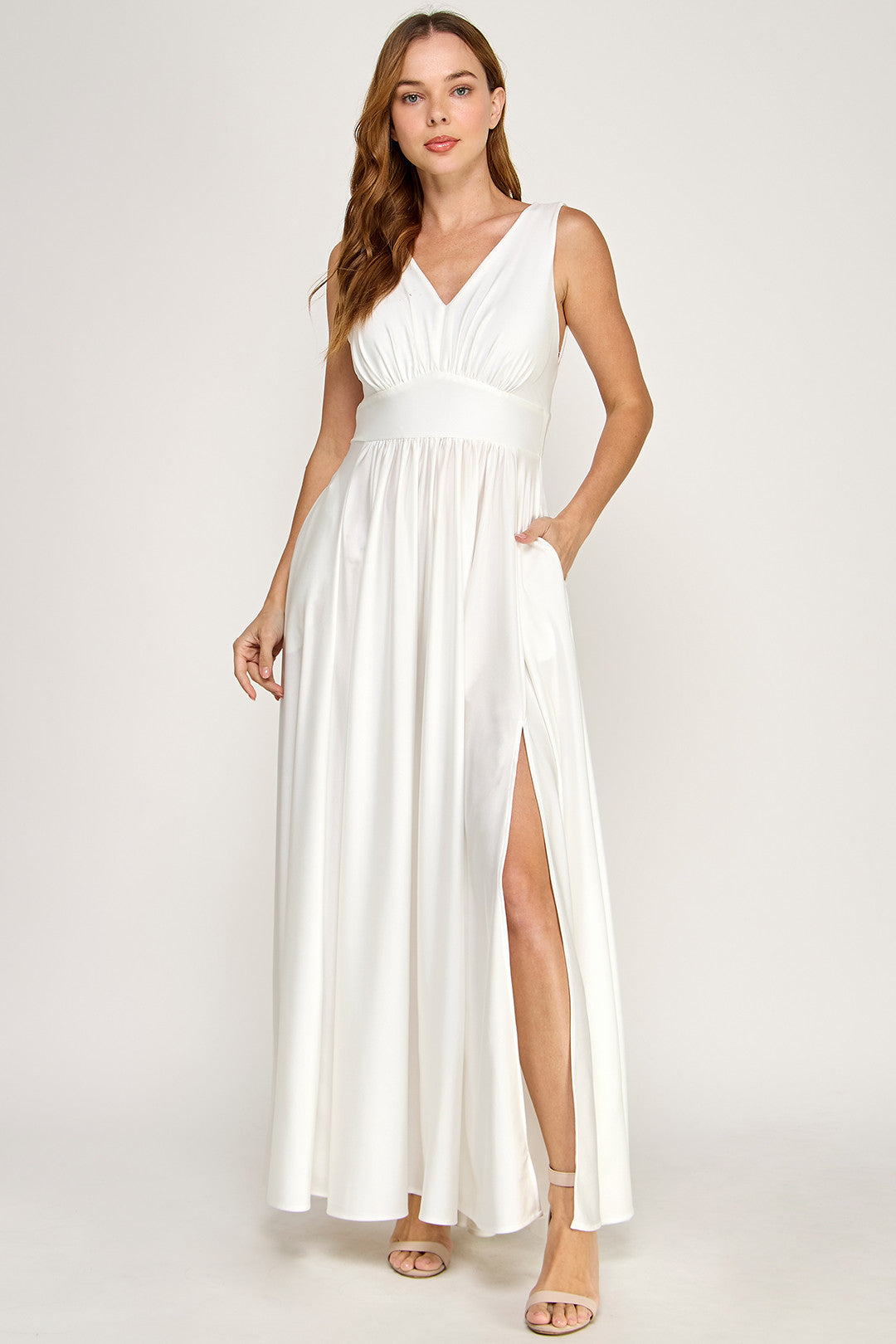 V-Neck Floor-Length Satin Wedding A-Line Lenovia 3120