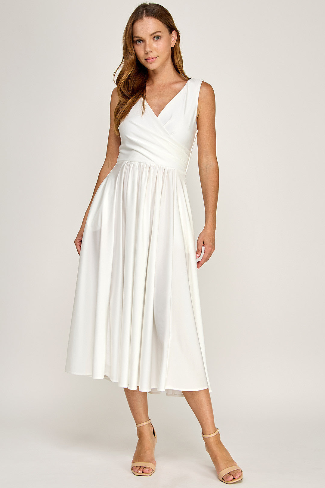 V-Neck Midi Satin Wedding A-Line Dress Lenovia 3131