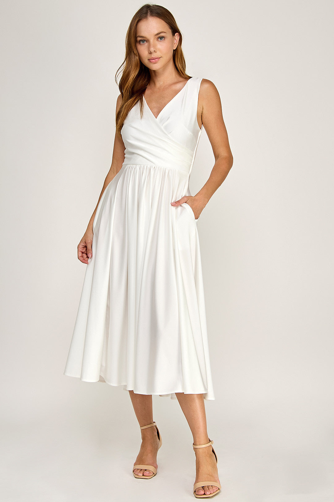V-Neck Midi Satin Wedding A-Line Dress Lenovia 3131