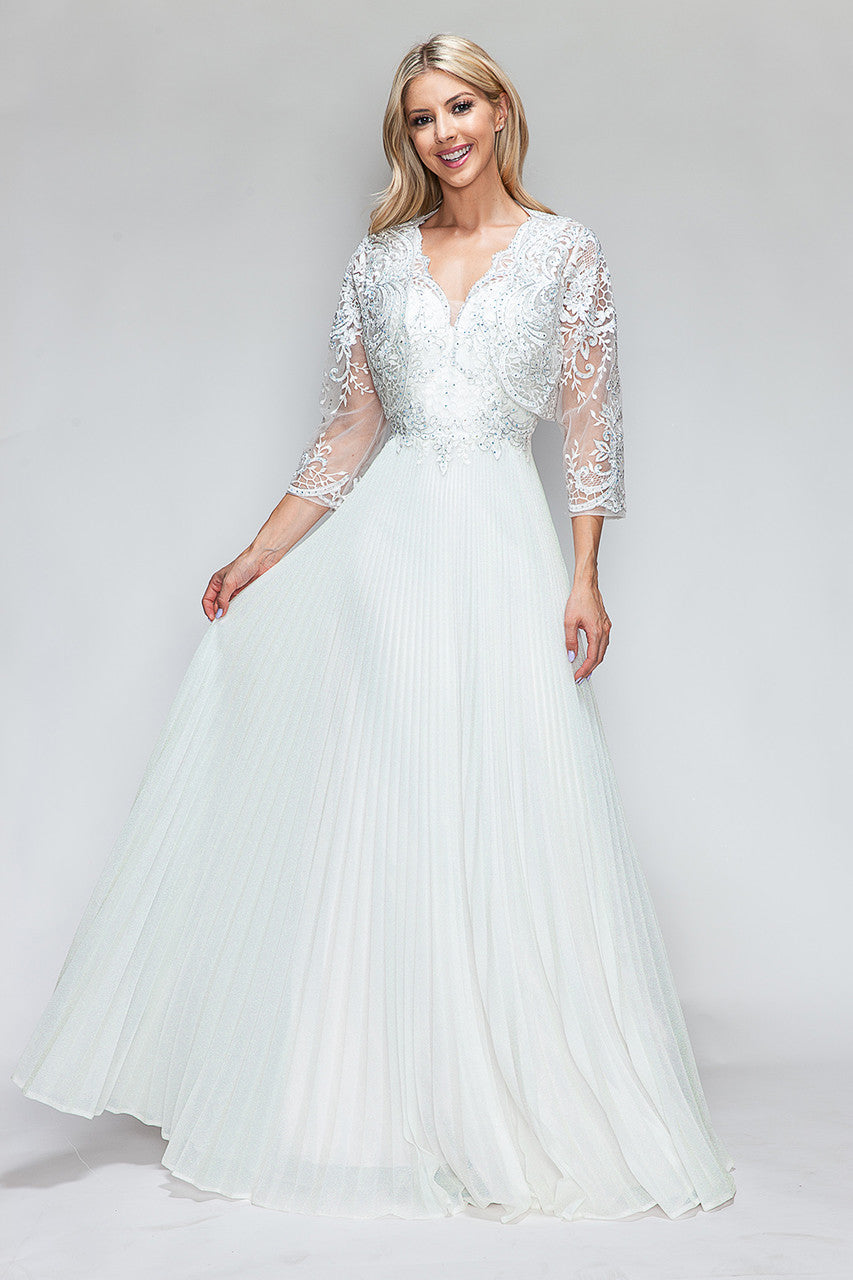 Wedding Dresses Pleated Long Wedding Dress Lenovia 8341 Off White-Mesh-8341-Pleated